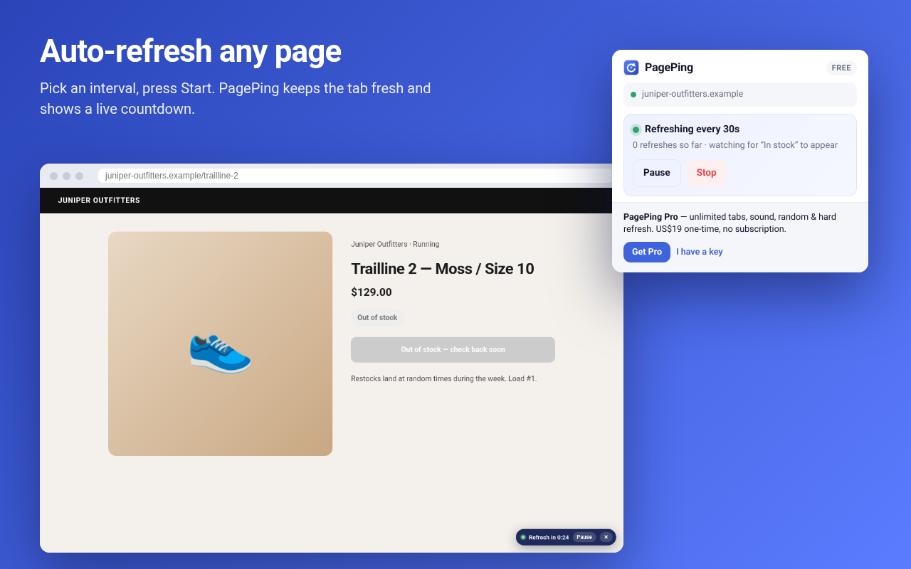 PagePing refreshing a product page with a live countdown