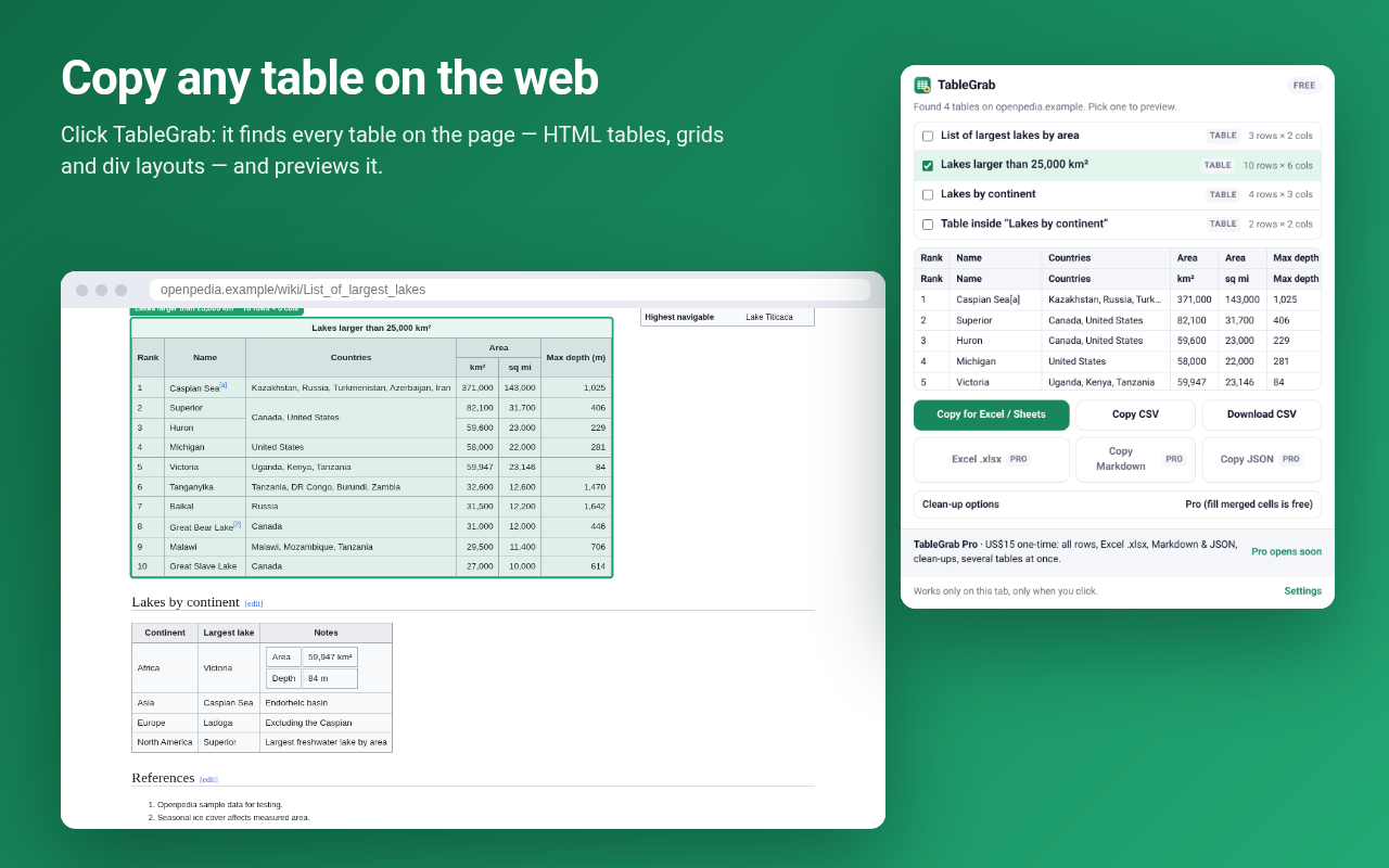 TableGrab listing the tables on a page, with a preview of the selected one
